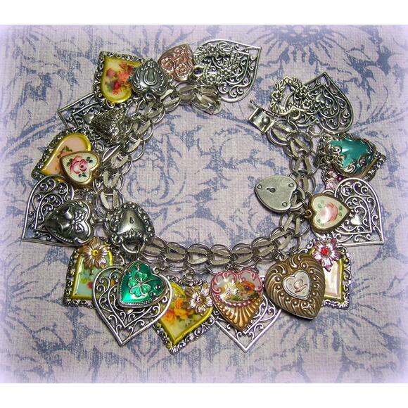 Vintage Silver Puffy Heart Bracelet 27 Charms-Guilloche-Painted Hearts
